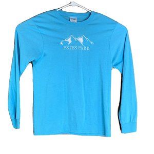 Estes Park Colorado Womans M Lt Blue LS T-Shirt with White Embroidered Mountains